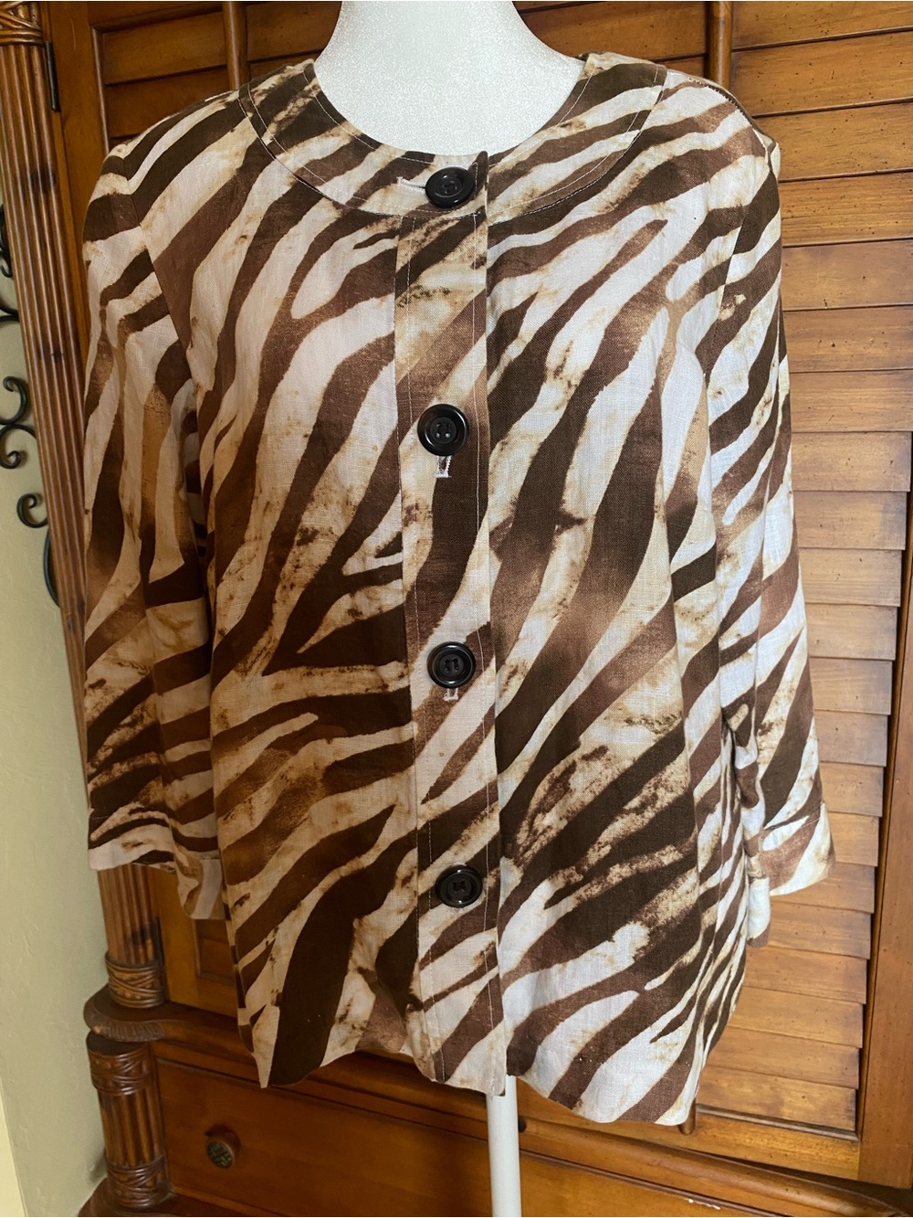 JM Collection Linen Jacket in Brown and Cream Zebra-Style Print